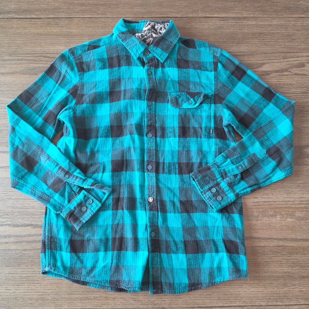 Amplify Mens Flannel Shirt Medium Teal Green Black Buffalo Plaid Long Sleeve